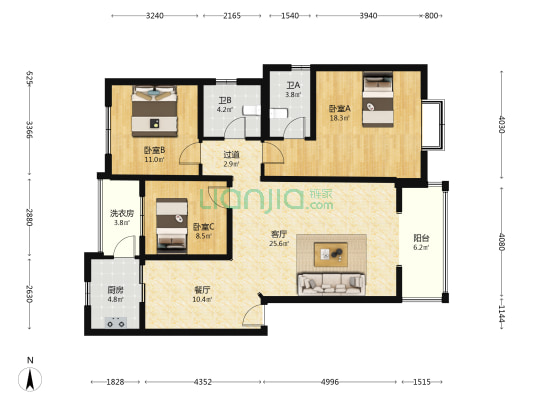 岷江河畔 3室2厅2卫 119平方