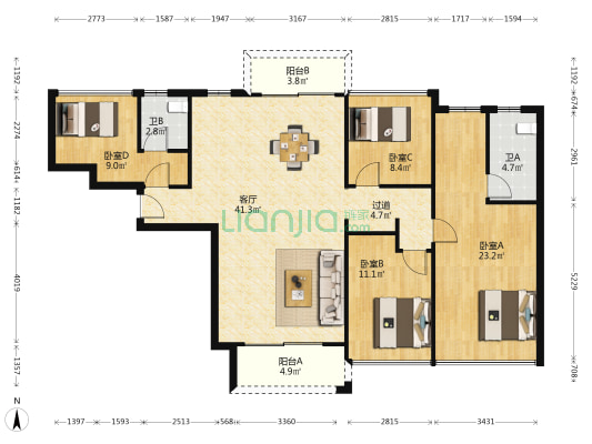 光明花半里一区 4室1厅2卫 129平方