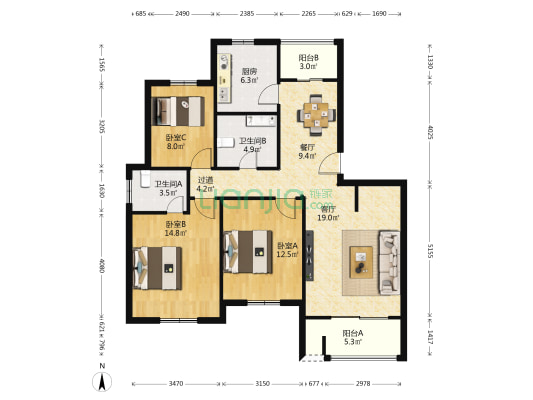 南行达苑 3室2厅2卫 117平方