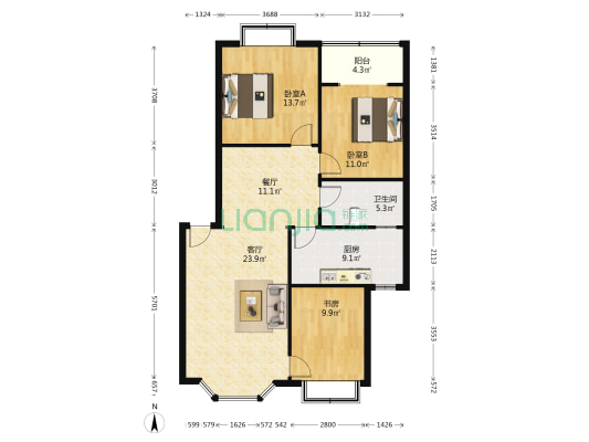 舟山小区 3室2厅1卫 108平方