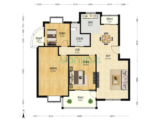 锦华丽都 2室1厅1卫 120平方