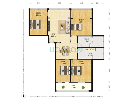 襄阳机场公司家属楼 4室1厅1卫 147平方