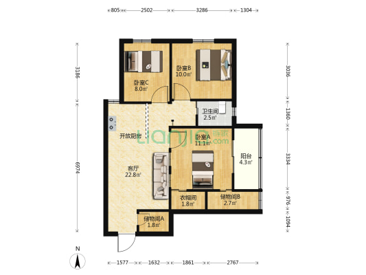 大桥南路 3室1厅1卫 77平方