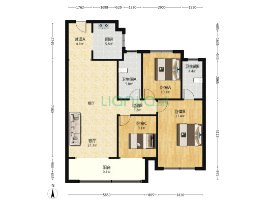 绿地春晓 3室1厅2卫 124平方