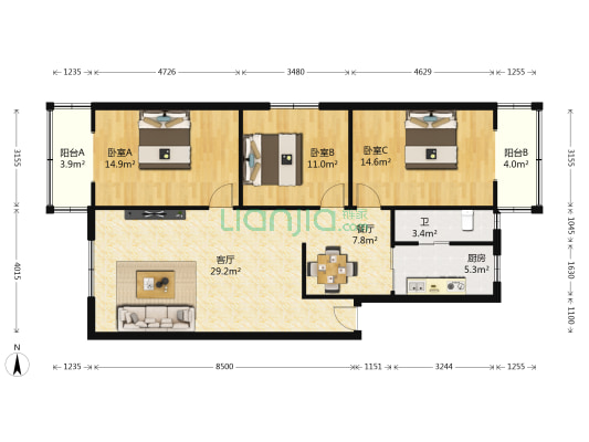 竹市巷80号 3室2厅1卫 106平方