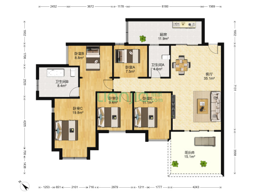 龙城1号 5室1厅2卫 123平方