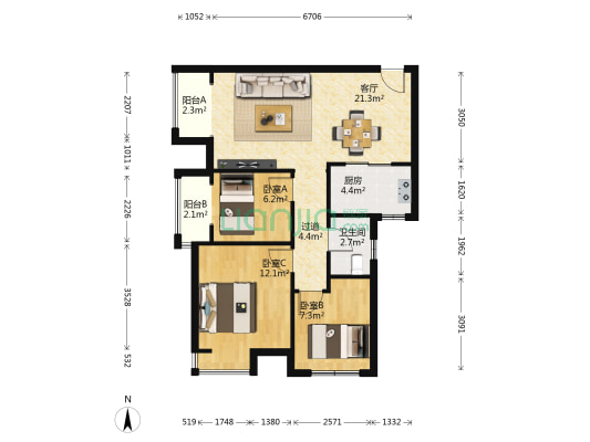汇泉城一号院 3室1厅1卫 87平方