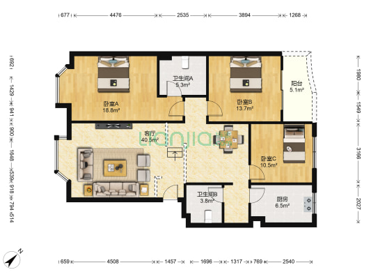 新龙苑东区 3室1厅2卫 117平方