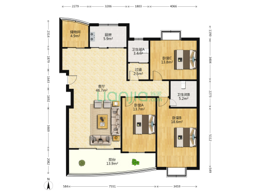 龙祥花园 3室1厅2卫 152平方
