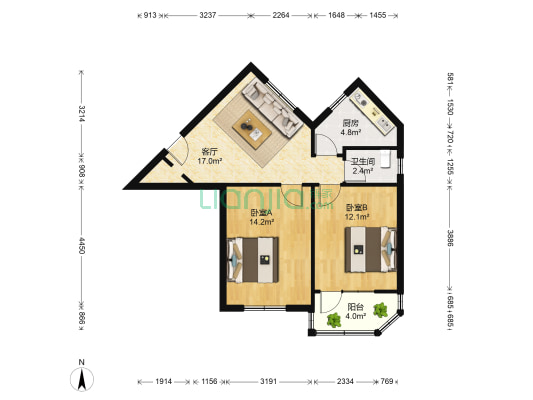 瞿塘峡路56号 2室1厅1卫 57平方