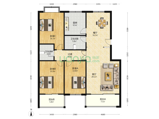 梁家牌楼19号院 3室2厅2卫 146平方
