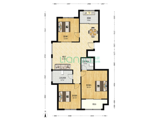 柳行花园 3室1厅2卫 135平方
