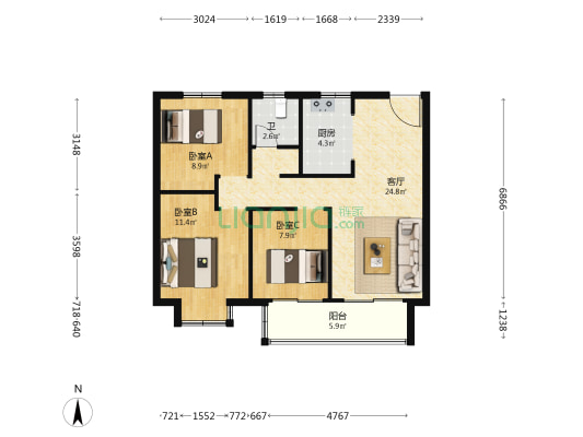 荣沁苑 3室1厅1卫 88平方