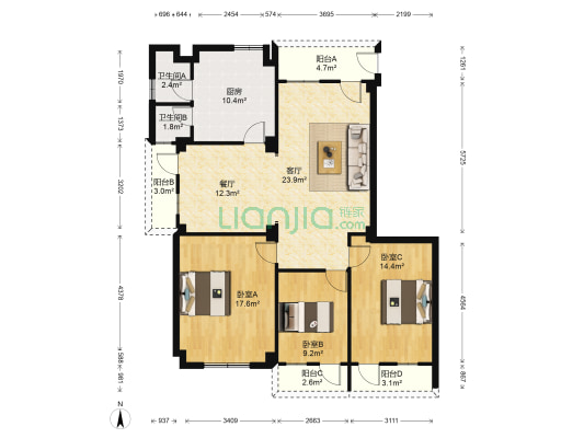 烟洲牌坊 3室2厅2卫 119平方