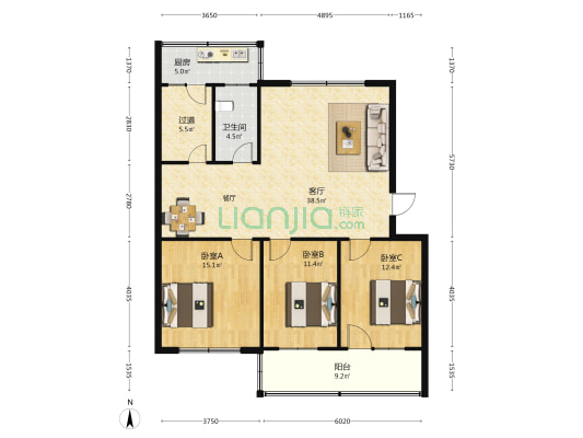将军山小区 3室1厅1卫 122平方