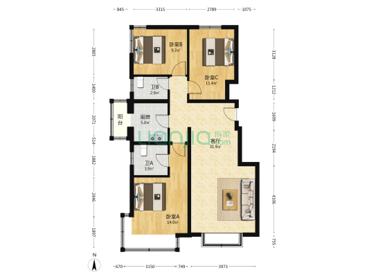 禾香雅园二期 3室1厅2卫 112平方