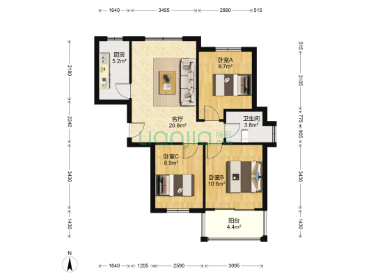 祥和居 3室1厅1卫 91平方