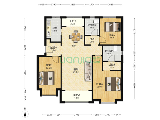 首创天阅海河 3室1厅2卫 139平方