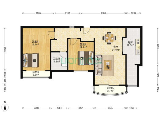 君临新城 2室1厅1卫 97平方