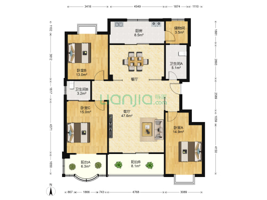 空医家园 3室1厅2卫 142平方