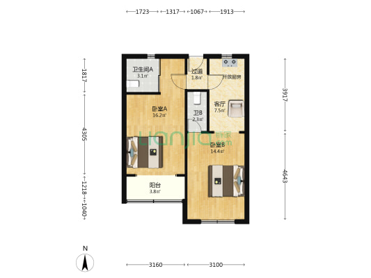海炼大楼 2室1厅2卫 69平方