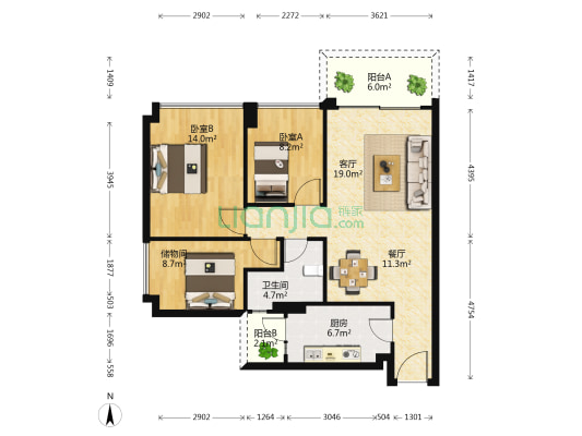 城东名门 2室2厅1卫 87平方