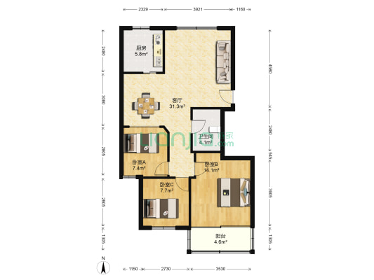 名仕花园 3室1厅1卫 94平方