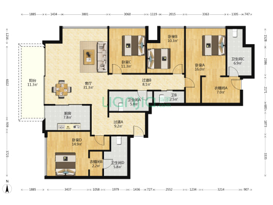运达中央广场三期 4室1厅4卫 244平方