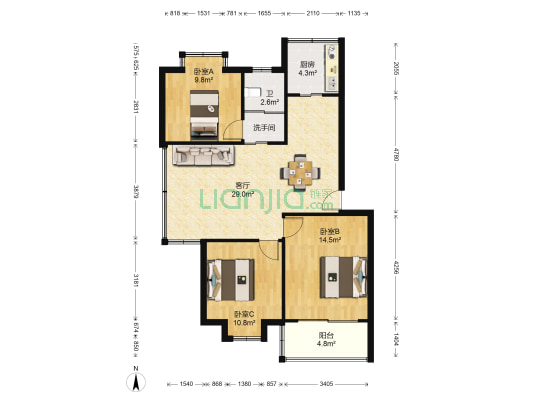 汇景新苑 3室1厅2卫 92平方