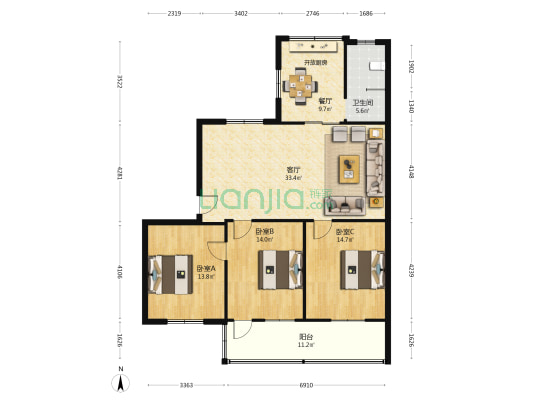 春东路 3室2厅1卫 111平方