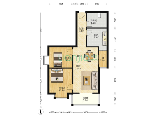 针织厂小区 2室1厅1卫 90平方