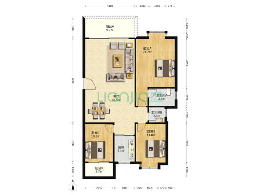 华景园 3室1厅2卫 120平方