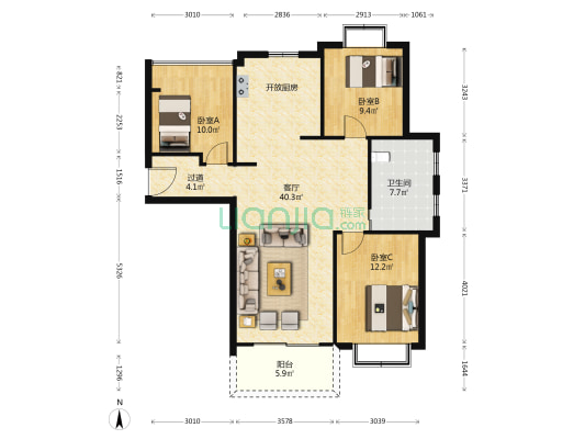 昕月溪商业广场 3室1厅1卫 124平方