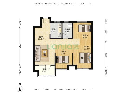 天泰学府壹号 3室1厅1卫 89平方