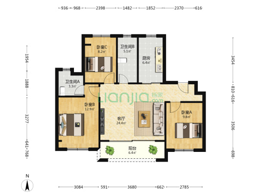 大华锦绣四季澜悦  3室1厅2卫 98平方
