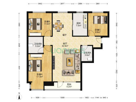 首创国际城 3室1厅2卫 132平方