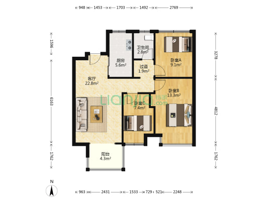 映月溪山 3室1厅1卫 83平方