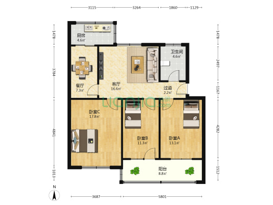 农行职工宿舍 3室2厅1卫 100平方