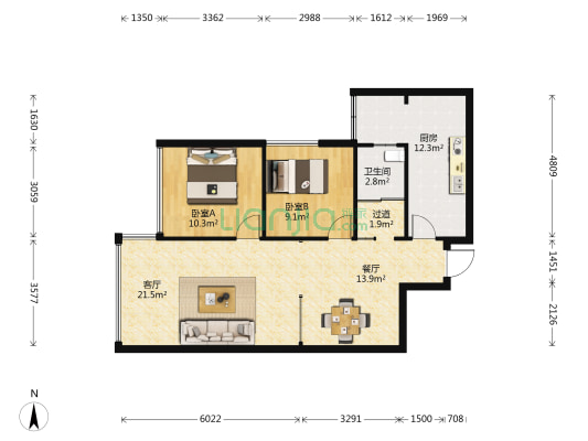 晓塘春色 2室2厅1卫 95平方