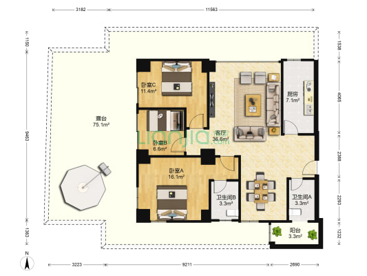 南湖豪苑 3室1厅2卫 124平方