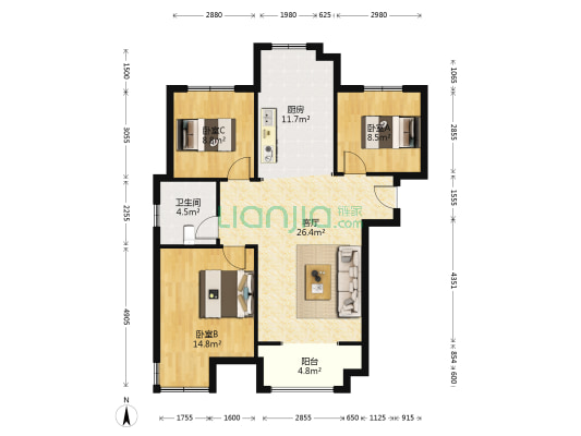 天伦湾样板间3居 南北通透户型 房本满二 明厨明卫-户型图