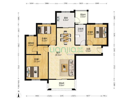 红霞名苑 3室1厅1卫 123平方