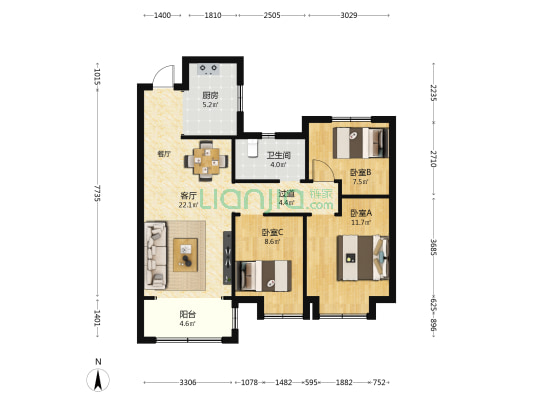 新城长风悦府 3室1厅1卫 100平方