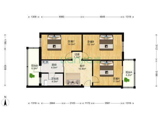 陵园二小区 3室1厅1卫 87平方