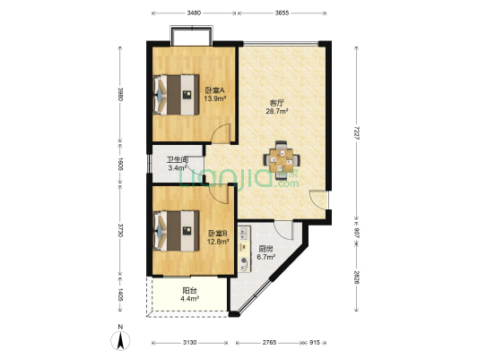 小家碧玉 2室1厅1卫 85平方