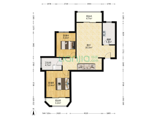 广宇颐景苑 2室1厅1卫 90平方