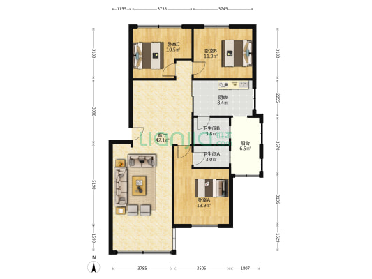 中超花园 3室1厅2卫 117平方
