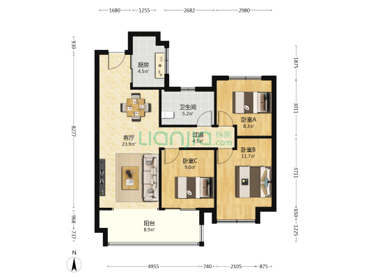 三盛璞悦观邸 3室1厅1卫 100平方