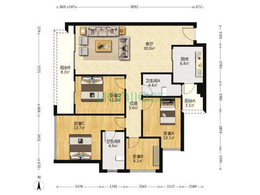 洺悦府 4室1厅2卫 130平方