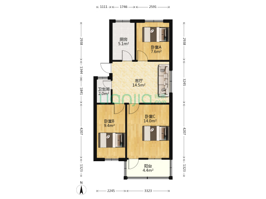 祥和小区 3室1厅1卫 65平方
